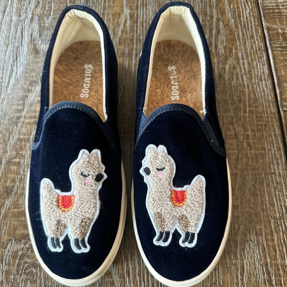 SOLUDOS Anthropologie Women's Size 5 Navy Velvet Llama Alpaca Slip-On Sneakers